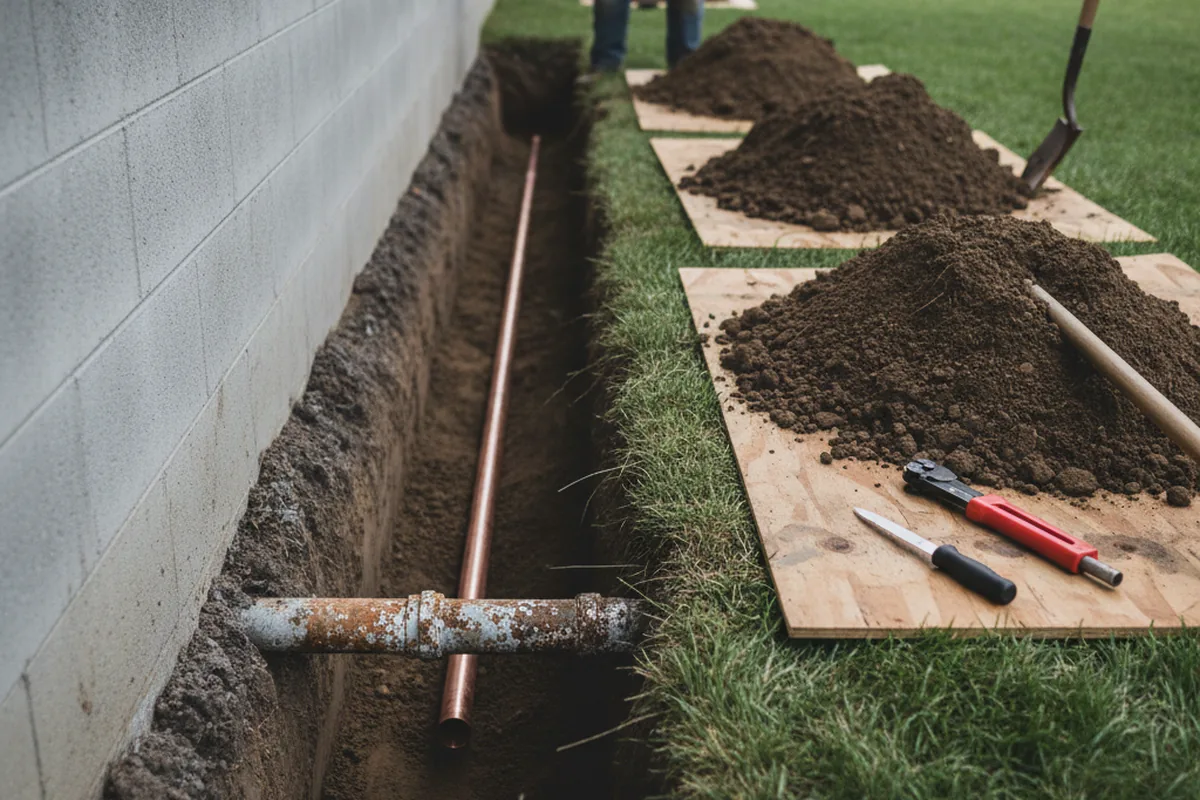 Excavated water line trench during Sewer Line Repair in East Berne